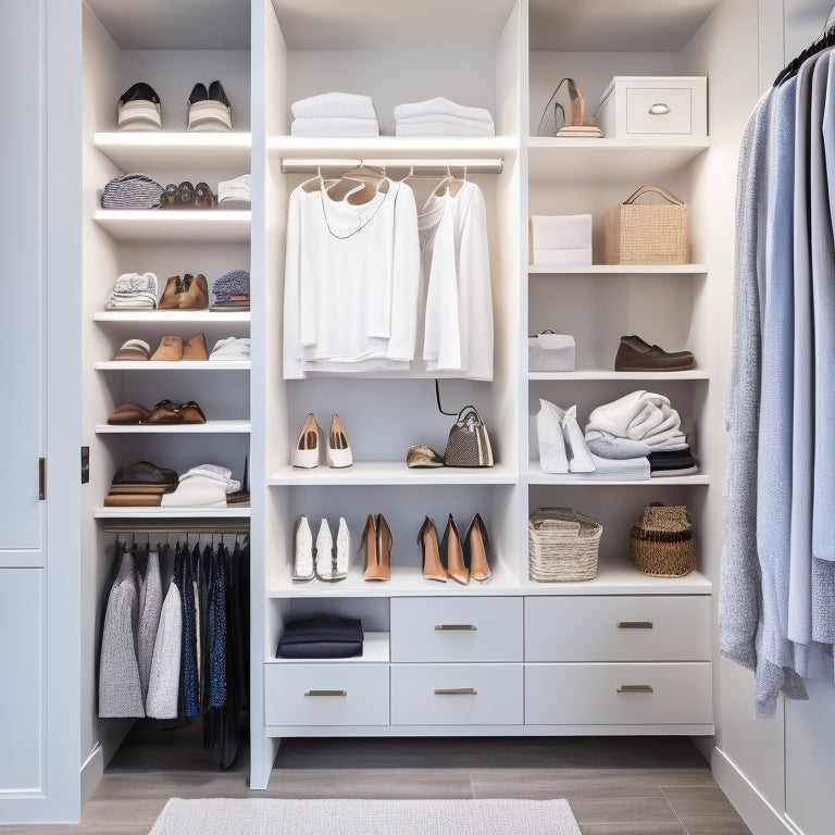 A modern, white closet with sleek, floor-to-ceiling shelves and drawers, illuminated by soft, warm lighting, with a few stylish outfits hanging, and a few shoes and accessories neatly organized.