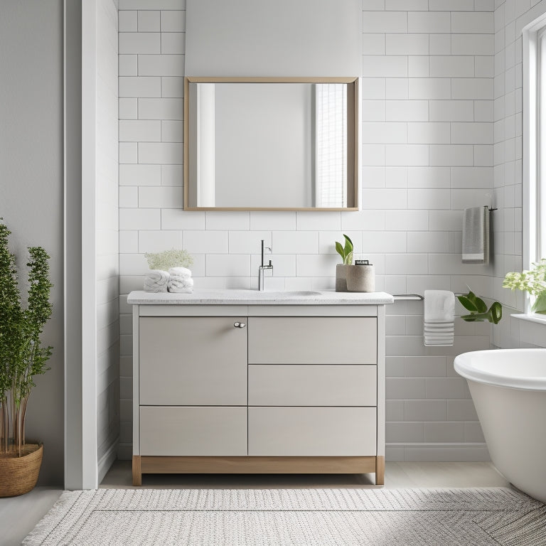 A serene, minimalist bathroom with a wall-mounted cabinet, a sleek vanity with built-in drawers, and a woven basket near the tub, all in a soothing white and gray color scheme.