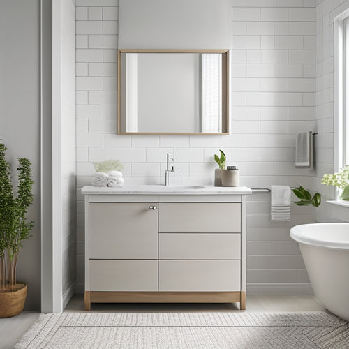 A serene, minimalist bathroom with a wall-mounted cabinet, a sleek vanity with built-in drawers, and a woven basket near the tub, all in a soothing white and gray color scheme.