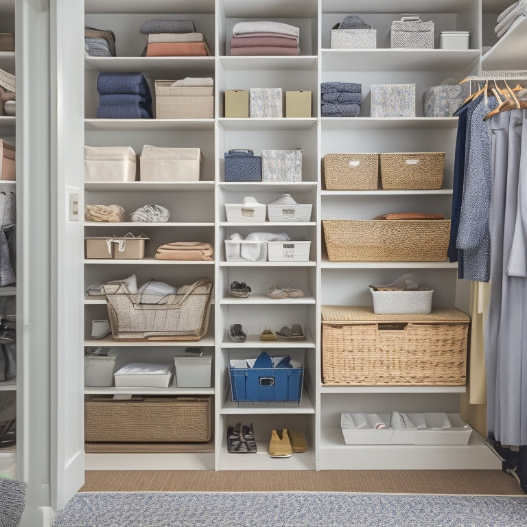 A tidy closet with floor-to-ceiling shelves, filled with assorted storage bins and baskets in various shapes, sizes, and materials, arranged in a harmonious and organized manner.