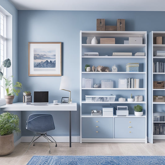 A clutter-free home office with a laptop, organized shelves, and a smart storage system, surrounded by minimal decor, with a subtle background gradient of calming blue and white hues.
