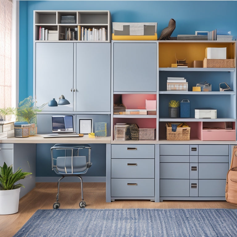 A tidy, modern home office with a desk, shelving units, and a file cabinet, featuring colorful, neatly arranged label stickers on storage bins, folders, and drawers, surrounded by minimal clutter.