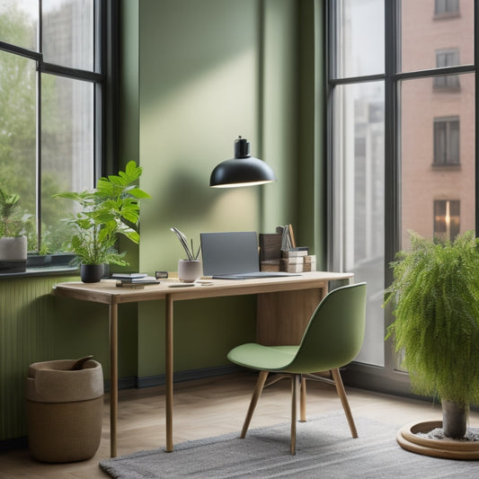 A serene, well-lit workspace with a minimalist wooden desk, a lush green plant, and a comfortable ergonomic chair, surrounded by calm-colored walls and a large window with a subtle cityscape view.