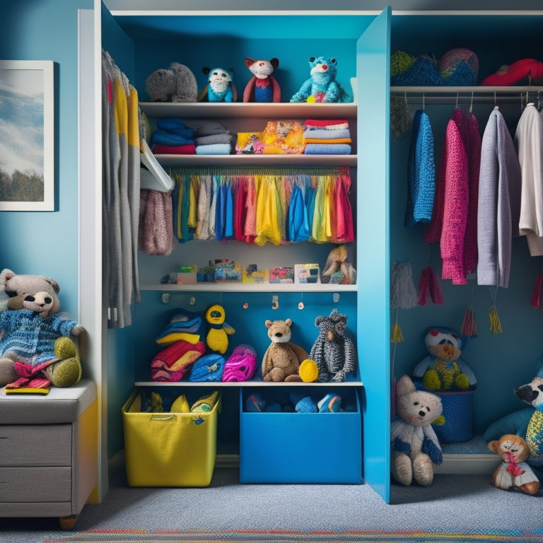 A tidy, well-lit kid's closet with a mix of hanging rods, shelves, and bins, featuring a rainbow of toys and clothes organized by type and color, with a few stuffed animals peeking out.