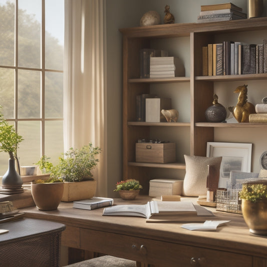 A serene, clutter-free home office with a tidy desk, organized bookshelves, and a few, carefully placed decorative items, bathed in warm, natural light pouring through a nearby window.