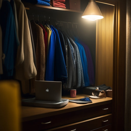 A cluttered, dimly lit small closet with clothes spilling out, contrasted with a sleek, organized, and well-lit closet in the background, with a tablet or laptop screen reflecting a tidy digital space.