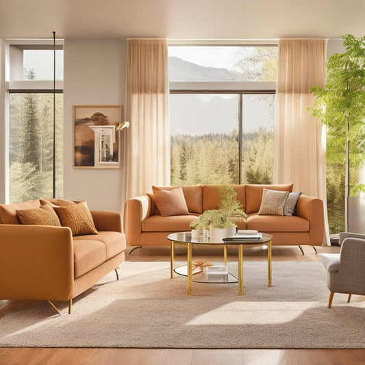 A bright, modern living room with floor-to-ceiling Marco Shuttersclosets in a warm, honey-brown wood tone, surrounded by sleek, minimalist decor and abundant natural light pouring in through the windows.