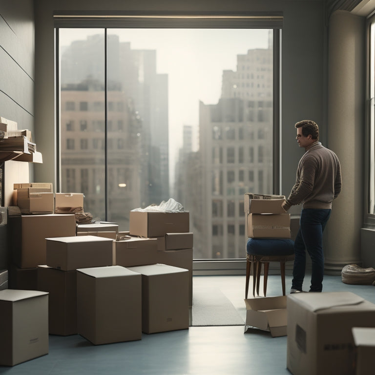 A serene, well-organized moving scene: a calm individual, surrounded by neatly labeled boxes and a few strategically placed furniture pieces, with a subtle cityscape background and soft, warm lighting.