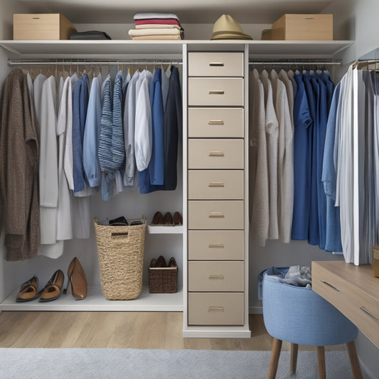 A tidy closet with rows of organized clothes, shelves, and storage bins, with a sleek iPhone on a nearby dresser, its screen displaying a closet organizer app with 3D visuals and customization options.