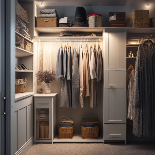 A tidy, narrow closet with a mix of hanging rods, shelves, and baskets in a soft, calming color scheme, illuminated by a string of fairy lights, with a few stylish shoes and accessories visible.