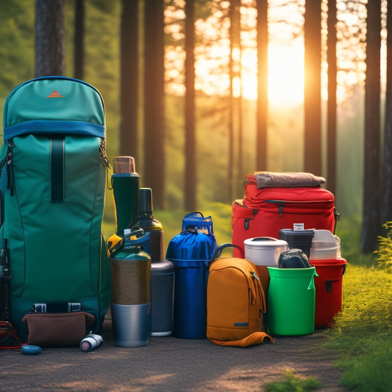 A serene, organized outdoor gear storage space with a wooden shelf, neatly arranged backpacks, camping equipment, and color-coded bins, set against a calming green forest background at dawn.