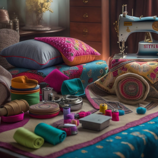 A cluttered, yet organized, sewing table with a vintage sewing machine, threads of various colors, scattered fabric swatches, and a half-stitched pillow cover with a unique, abstract pattern.