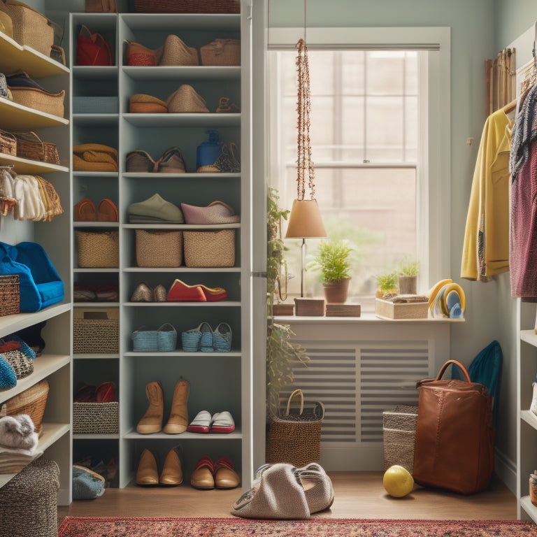 A cluttered apartment room with storage containers, baskets, and shelves in the background, and a few cleverly organized spaces, such as a hanging shoe organizer on the back of a door.