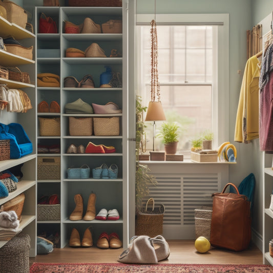 A cluttered apartment room with storage containers, baskets, and shelves in the background, and a few cleverly organized spaces, such as a hanging shoe organizer on the back of a door.