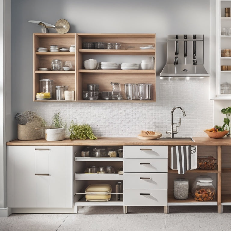 A serene, modern kitchen with sleek, handle-less cabinets, a wall-mounted utensil organizer, and a compact, space-saving cart with a built-in knife block and spice rack.