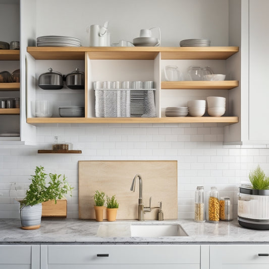 A modern kitchen with sleek, white countertops, featuring a built-in drawer organizer, a pull-out spice rack, and a wall-mounted utensil holder, surrounded by minimalist decor and plenty of negative space.