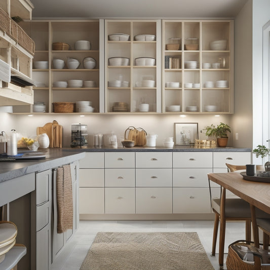 A tidy, modern kitchen with 10 drawers in various sizes, each showcasing a unique organizational hack, such as dividers, baskets, and inserts, with warm lighting and a minimalist background.