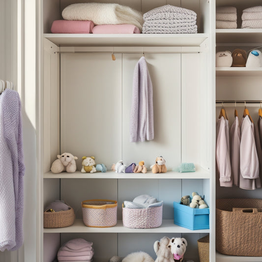 A serene, well-lit closet with a mix of wooden and white storage units, showcasing neatly hung clothes, stacked toys, and a few favorite stuffed animals perched on shelves, surrounded by calm, pastel colors.