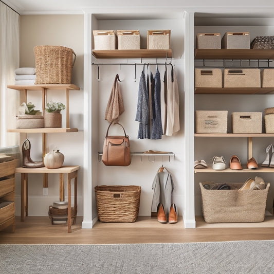 A clutter-free walk-in closet with a mix of open shelves, wooden crates, and hanging rods, showcasing a stacked shoe rack, woven baskets, and a few decorative accessories on a floating shelf.