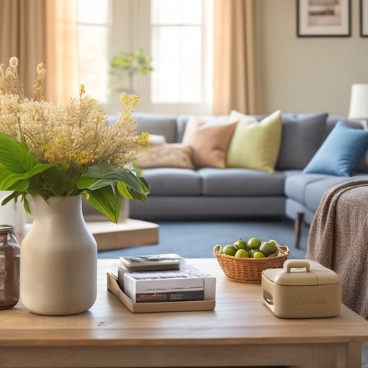 A serene, organized living room with a laptop open on a clutter-free coffee table, surrounded by a few neatly labeled storage bins and a vase with fresh flowers.