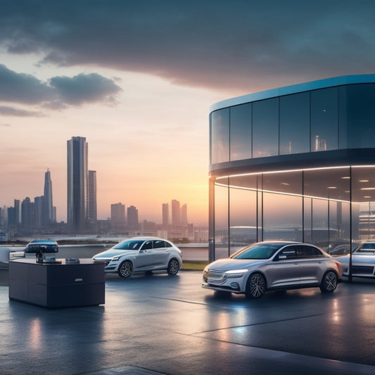 A futuristic auto dealership with sleek, minimalist desks and holographic car displays, surrounded by floating cloud icons and abandoned file cabinets in the background, with a cityscape at dusk outside.