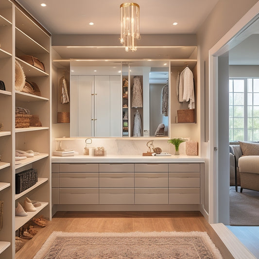 A sleek, modern walk-in closet with floor-to-ceiling shelves, drawers, and a central island featuring a built-in jewelry organizer, set against a neutral background with soft, warm lighting.