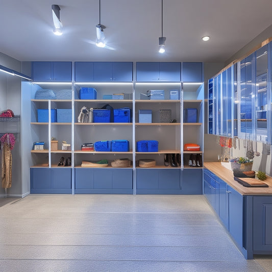 A bright, well-lit garage conversion with a sleek, floor-to-ceiling closet storage system featuring adjustable shelves, cabinets, and hanging rods, surrounded by a freshly polished concrete floor and modern LED lighting.