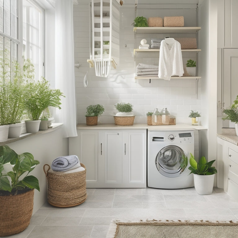 A tidy laundry room with a wall-mounted folding table, stackable baskets, and a retractable drying rack, surrounded by calming white and beige tones, with a single potted plant in the corner.