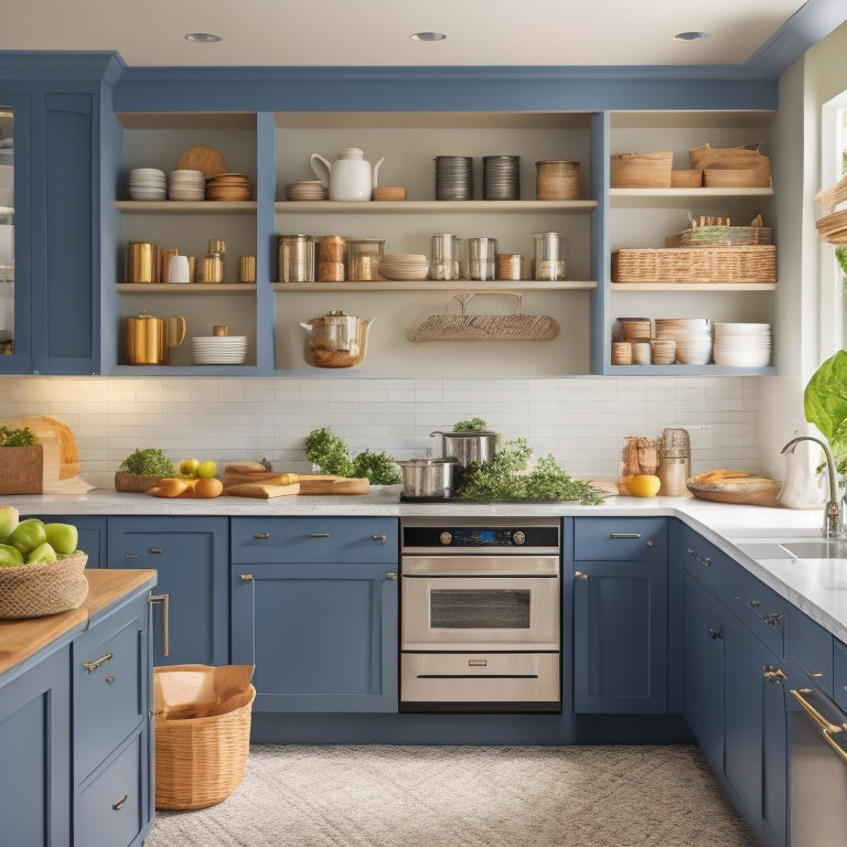 A bright, modern kitchen with sleek countertops, featuring a mix of open shelving, closed cabinets, and decorative baskets, showcasing a variety of storage solutions for cookware, utensils, and ingredients.