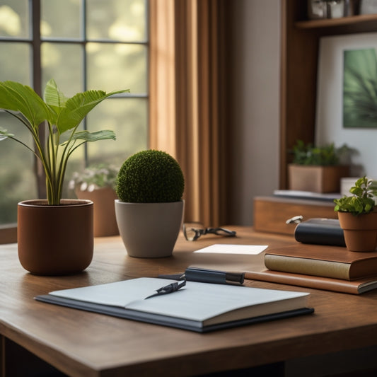 A tidy, minimalist home office with a wooden desk, a single, leather-bound planner, and a few, carefully chosen pens, surrounded by a calm, natural background with a few potted plants.