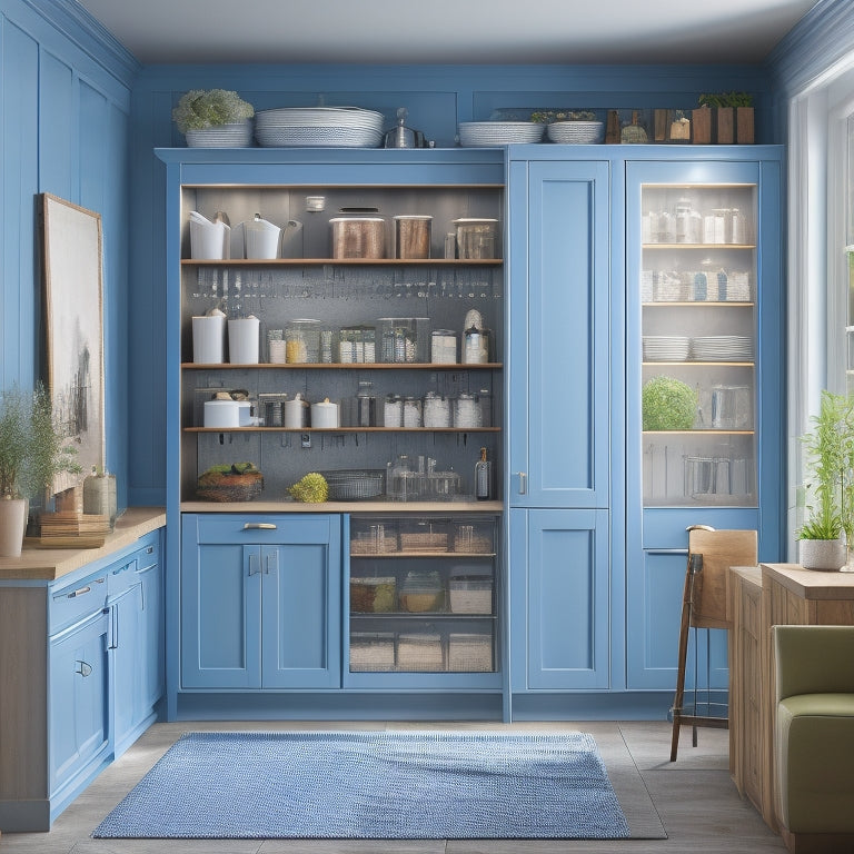 An illustration of a modern kitchen with floor-to-ceiling cabinets, pull-out storage units, and a pegboard on the back of a door, showcasing maximized vertical storage and organization.