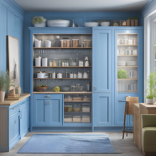 An illustration of a modern kitchen with floor-to-ceiling cabinets, pull-out storage units, and a pegboard on the back of a door, showcasing maximized vertical storage and organization.