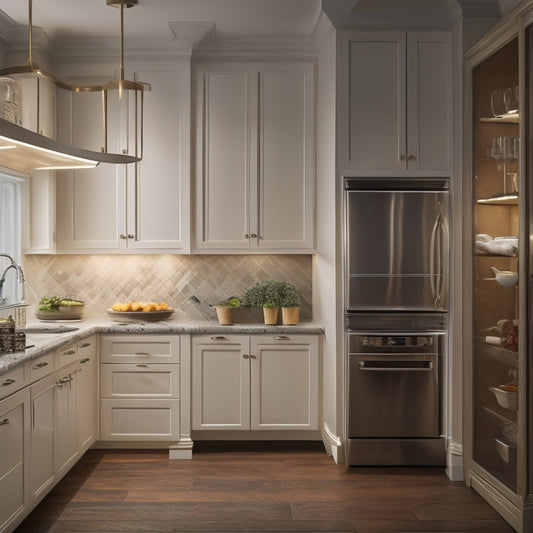 A well-lit, sleek kitchen corner with a carousel cabinet featuring four rotating shelves, surrounded by marble countertops, stainless steel appliances, and a soft, cream-colored backsplash.