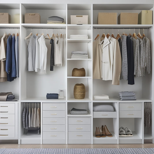 A modern, sleek closet with a metal white steel organizer system, featuring multiple shelves, drawers, and rods, with a few stylish clothing items and accessories neatly arranged and displayed.