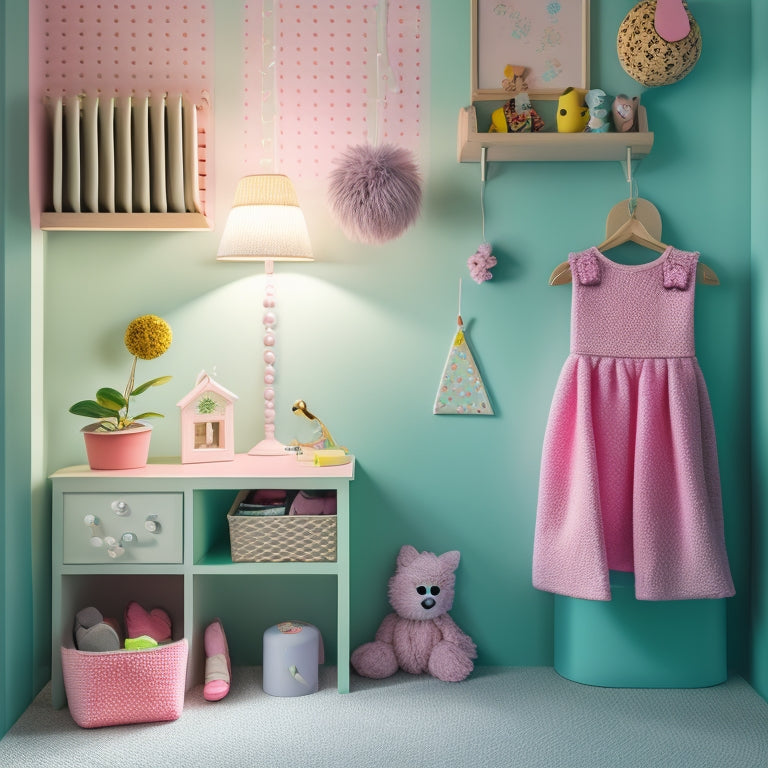 A whimsical illustration of a kid's closet interior featuring a pastel-colored pegboard wall, a hanging pom-pom garland, and a miniature reading nook with a plush rug and a tiny table lamp.