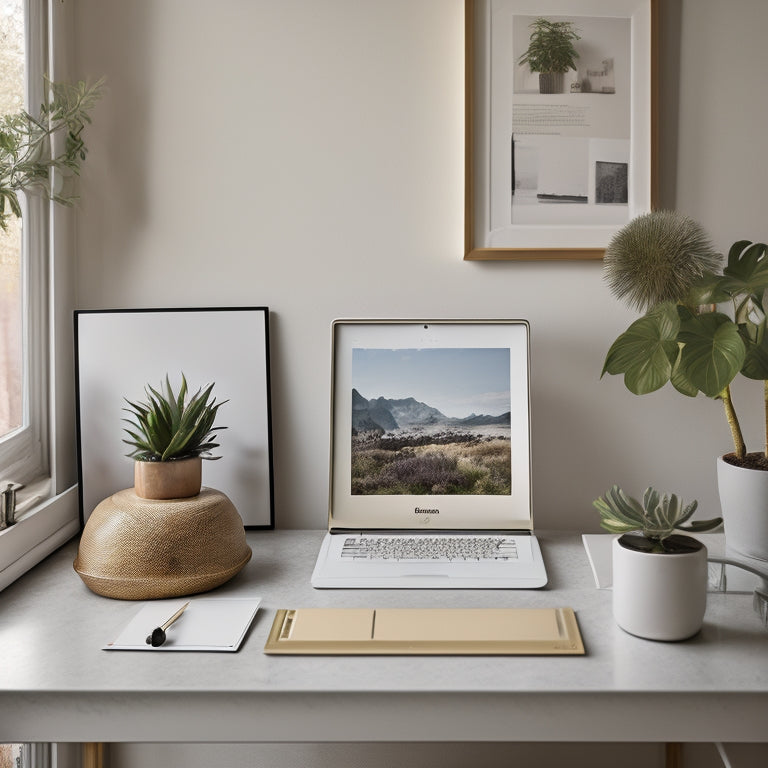 A serene, minimalist desk with a few, neatly organized photography albums and a sleek laptop, surrounded by a few framed photos and a small potted plant, against a soft, creamy background.