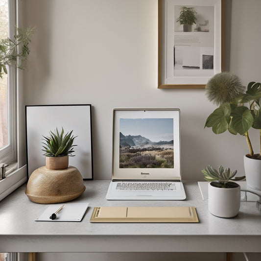 A serene, minimalist desk with a few, neatly organized photography albums and a sleek laptop, surrounded by a few framed photos and a small potted plant, against a soft, creamy background.