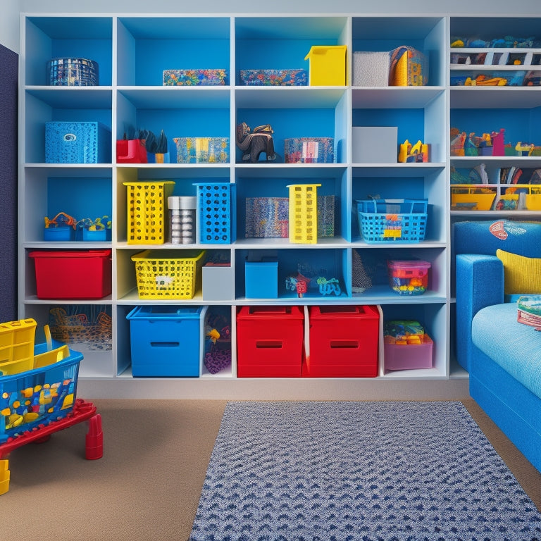 A colorful, clutter-free playroom with a sleek, modular LEGO storage system featuring stackable bins, drawers, and shelves, surrounded by neatly organized LEGO creations and happy, building children.