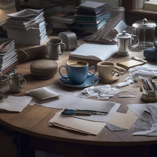 A cluttered desk with stacks of crumpled papers, torn notebooks, and worn-out folders, surrounded by scattered pens, paperweights, and a fallen coffee cup, with a faint outline of a person's frustrated silhouette in the background.