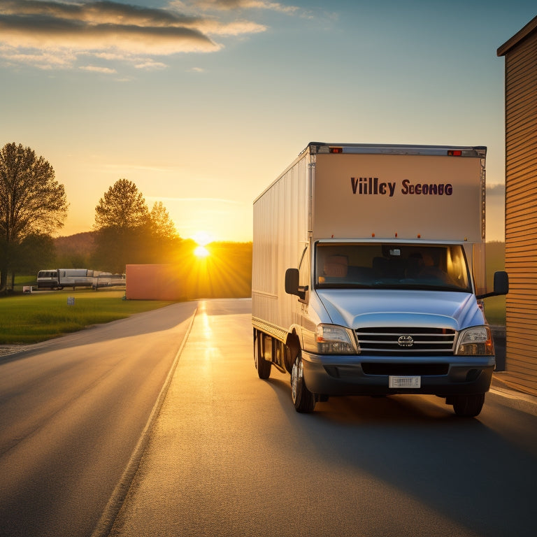 An organized moving truck packed with neatly labeled boxes, surrounded by a calm and serene background with a subtle sunrise glow, conveying a sense of control and tranquility.