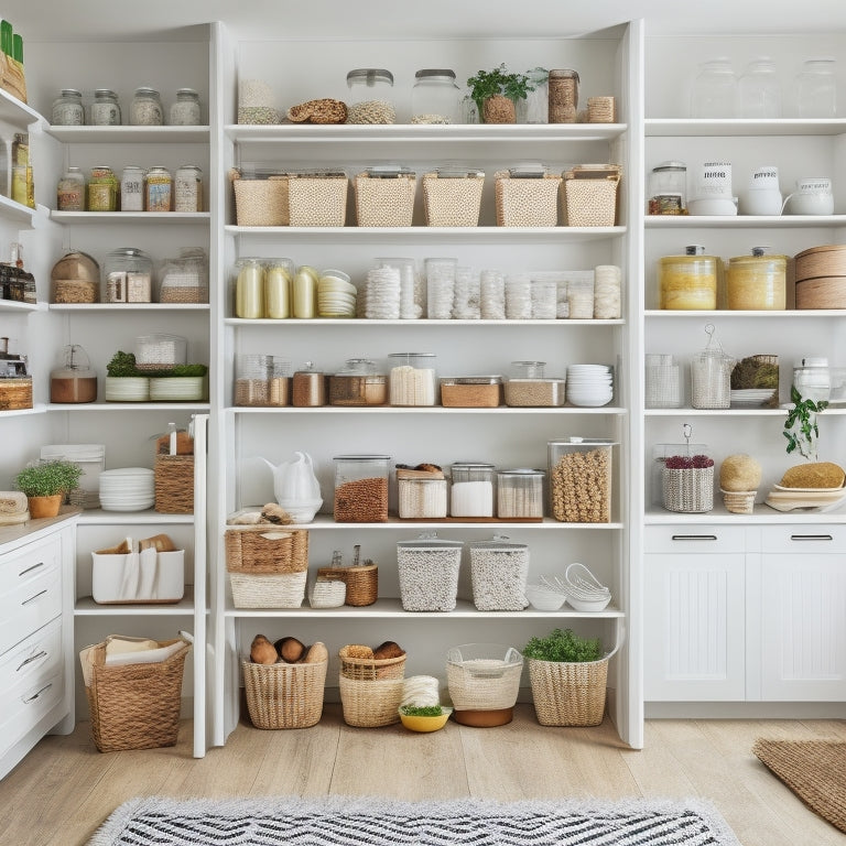 A tidy pantry with stackable clear plastic bins, woven baskets, and wooden crates on shelves, against a clean white background, with a few strategically placed kitchen utensils and a single potted herb.