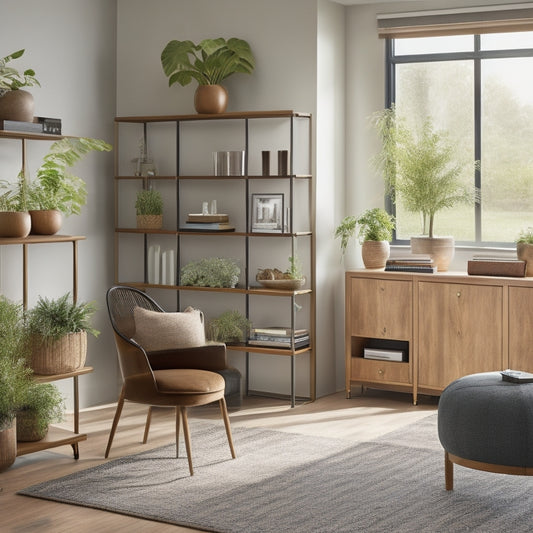 A bright, modern living room with sleek, custom-built shelving units in a warm wood tone, showcasing organized decorative items, books, and plants, with a minimalist desk and chair in the corner.