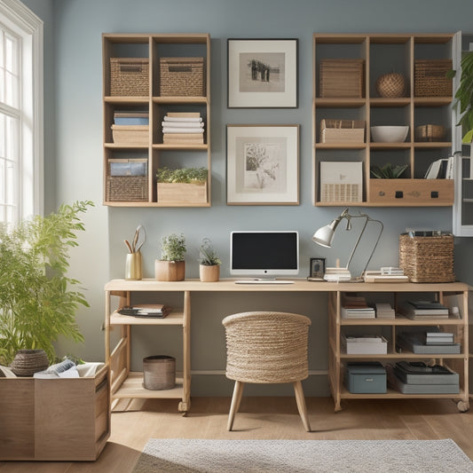 A tidy, well-lit home office with a wooden desk, surrounded by creative storage solutions: woven baskets, stackable shelves, a pegboard, and a wall-mounted file organizer, all in a calming, monochromatic color scheme.