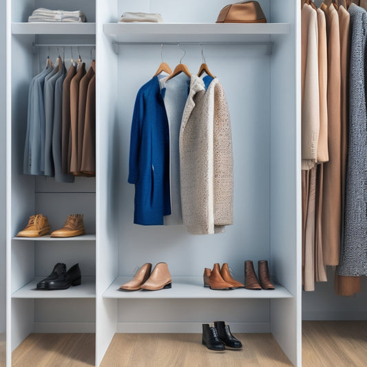 A minimalist illustration of a smartphone screen displaying a digital closet organizer app, surrounded by scattered clothes and shoes, with a tidy virtual closet in the background.