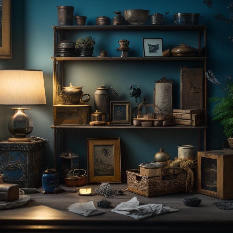 A dimly lit, cluttered room corner with dusty boxes, forgotten trinkets, and cobwebs, contrasted with a bright, organized, and minimalist alternative featuring a sleek shelf and a few well-placed decorative items.