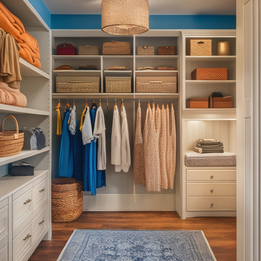 A serene, well-organized closet with a mix of open shelves, drawers, and hanging rods, featuring woven baskets, velvet hangers, and a few stylish accessories like a vintage rug and a modern chandelier.