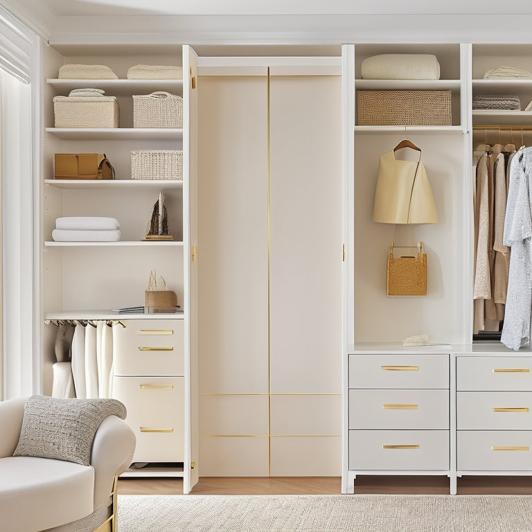 A serene bedroom closet with a sleek, white, double-rod organizer system, featuring stacked shelves, a shoe rack, and a built-in dresser, surrounded by calm, creamy walls and soft, golden lighting.