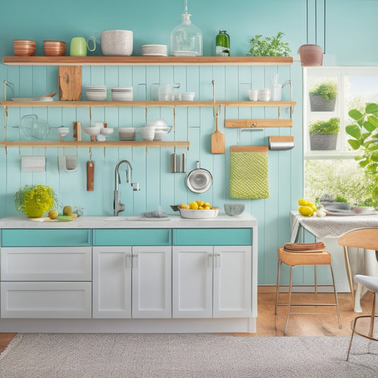 A bright, modern kitchen with a sleek island, featuring a pull-out utensil organizer with neatly arranged gadgets, a wall-mounted pegboard with hanging baskets, and a countertop carousel with spinning tiers.