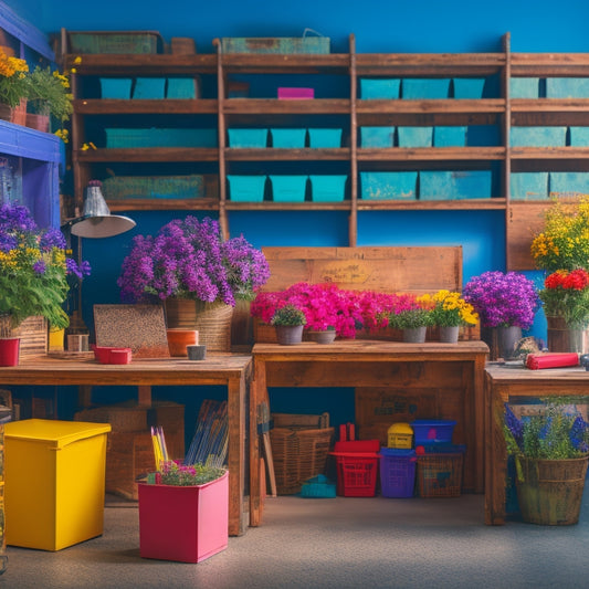 A colorful and clutter-free workspace with various sized crates and pallets, filled with organized school supplies, surrounded by vibrant flowers, greenery, and a few partially open notebooks.