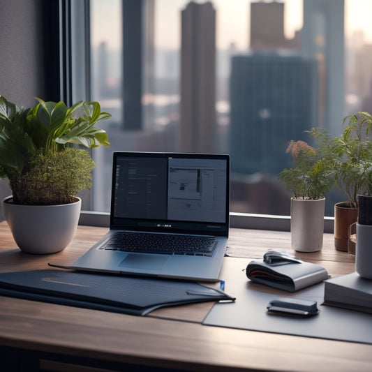 A tidy, modern desk with a sleek laptop, a few neatly labeled folders, and a small potted plant, surrounded by a subtle, blurred cityscape background, conveying organization and productivity.